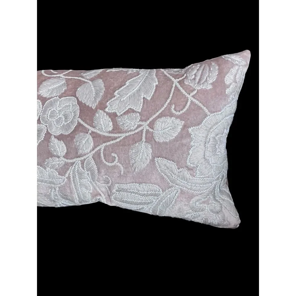 Callisto Home 14x24 Cream Floral Velvet Decorative Lumbar Pillow Feather Fill